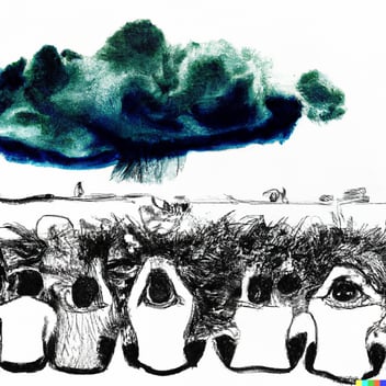 abstract pencil sketch of a team holding black cloud of despair, pollution, policy, consumerism back whilst protecting green arbor and blue sky. Leani.png